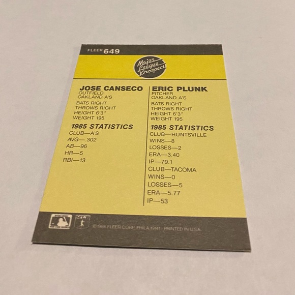 Jose Canseco 1986 Fleer Rookie major league Prospects Baseball card Vintage - Picture 3 of 3